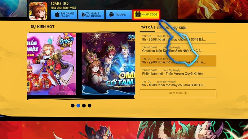 Cách nhận code OMG 3Q phiên bản mới nhất Bước 1: Vào trang chủ OMG 3Q rồi chọn Nhập mã.